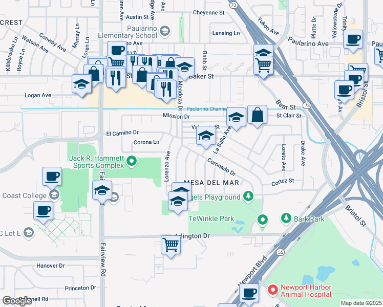 map of restaurants, bars, coffee shops, grocery stores, and more near 2796 Cibola Avenue in Costa Mesa