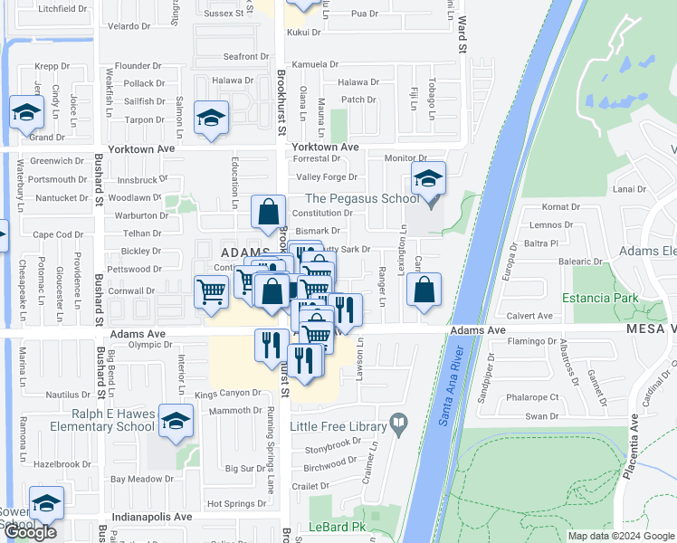map of restaurants, bars, coffee shops, grocery stores, and more near 19822 Margate Lane in Huntington Beach