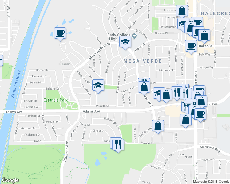 map of restaurants, bars, coffee shops, grocery stores, and more near 2871 Ellesmere Avenue in Costa Mesa