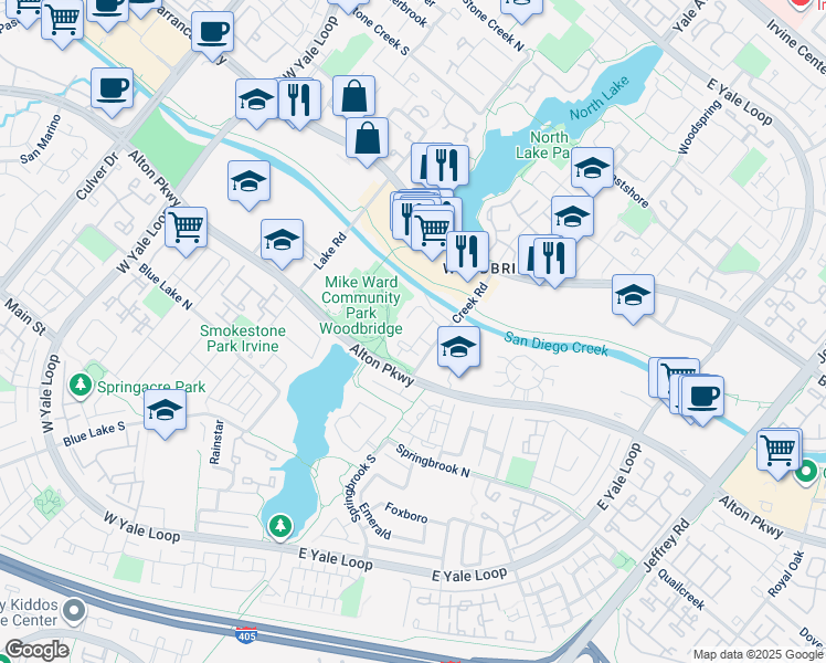 map of restaurants, bars, coffee shops, grocery stores, and more near 22 Creek Road in Irvine