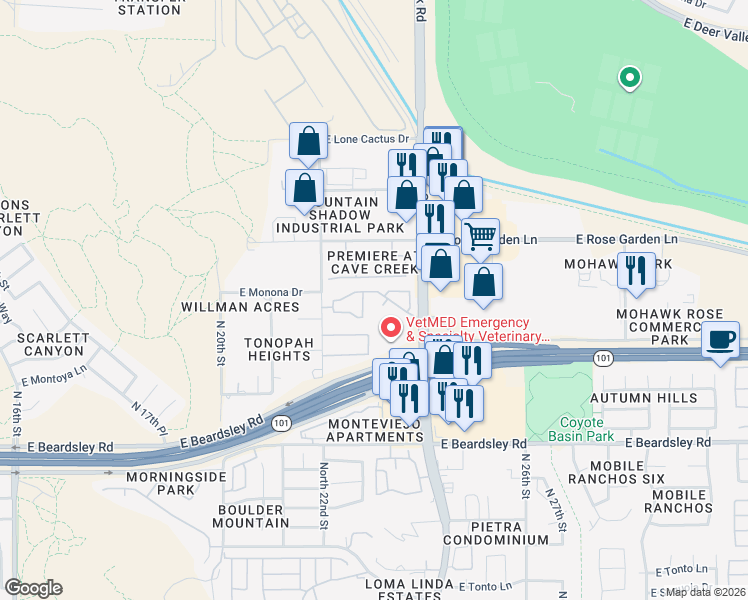 map of restaurants, bars, coffee shops, grocery stores, and more near 20802 North Cave Creek Road in Phoenix