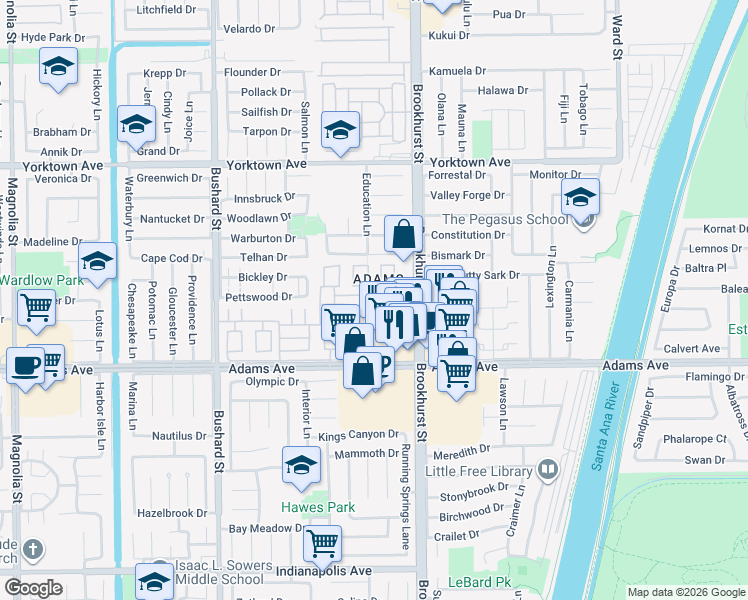 map of restaurants, bars, coffee shops, grocery stores, and more near 9889 Continental Drive in Huntington Beach