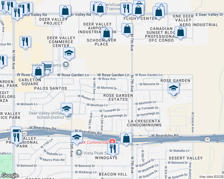 map of restaurants, bars, coffee shops, grocery stores, and more near 20806 North 10th Avenue in Phoenix