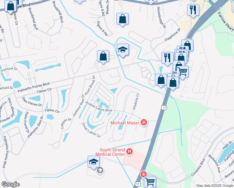 map of restaurants, bars, coffee shops, grocery stores, and more near 113 Butkus Drive in Myrtle Beach