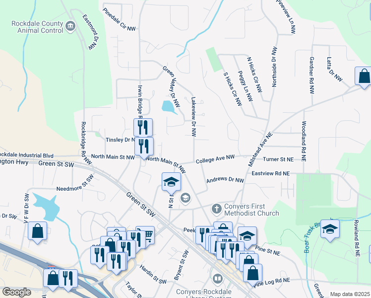 map of restaurants, bars, coffee shops, grocery stores, and more near 1180 Lakeview Drive Northwest in Conyers