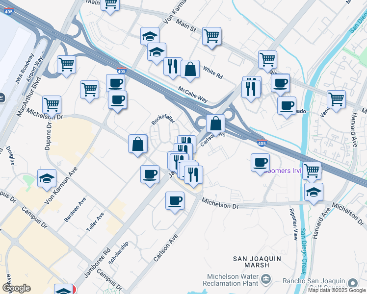 map of restaurants, bars, coffee shops, grocery stores, and more near 124 Tribeca in Irvine