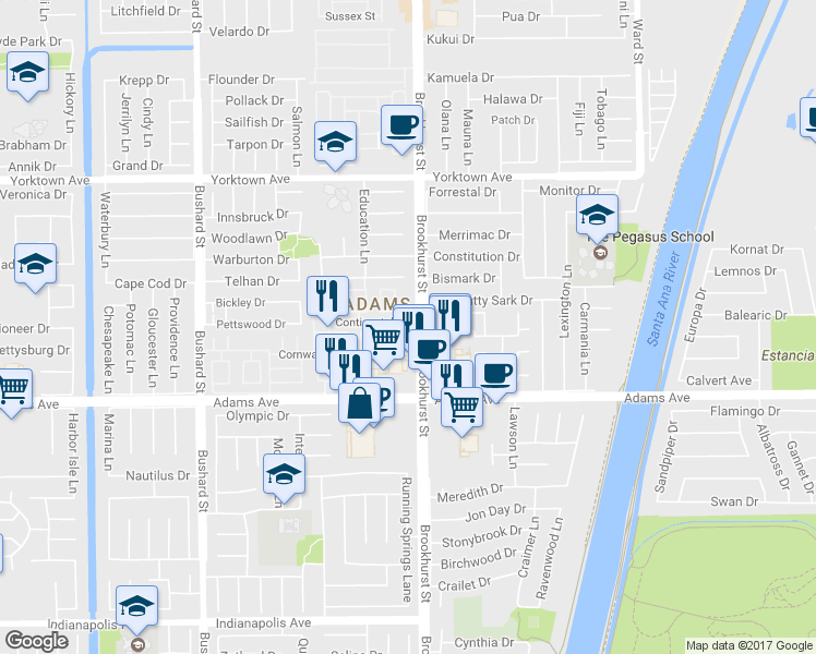 map of restaurants, bars, coffee shops, grocery stores, and more near 9958 Continental Drive in Huntington Beach