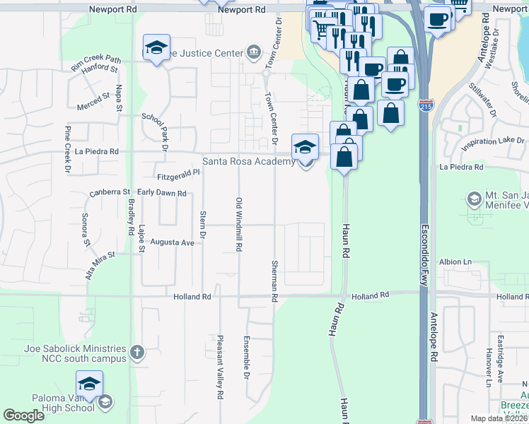 map of restaurants, bars, coffee shops, grocery stores, and more near 30701 Sherman Road in Menifee