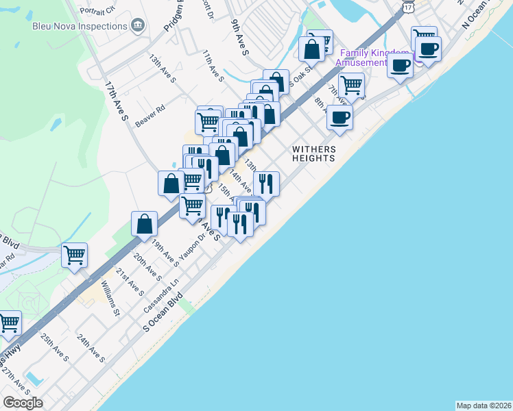 map of restaurants, bars, coffee shops, grocery stores, and more near 1400 South Ocean Boulevard in Myrtle Beach