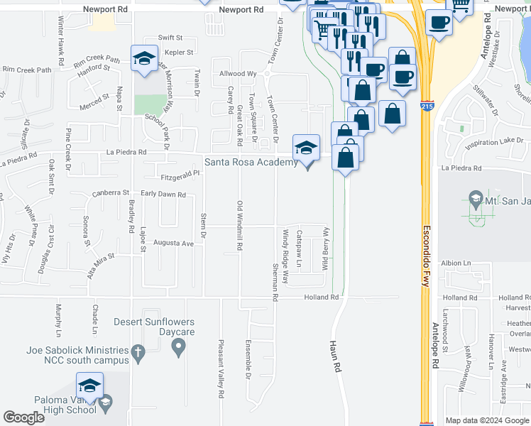 map of restaurants, bars, coffee shops, grocery stores, and more near 30701 Sherman Road in Menifee