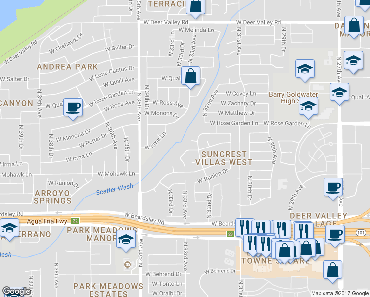 map of restaurants, bars, coffee shops, grocery stores, and more near 3218 West Potter Drive in Phoenix