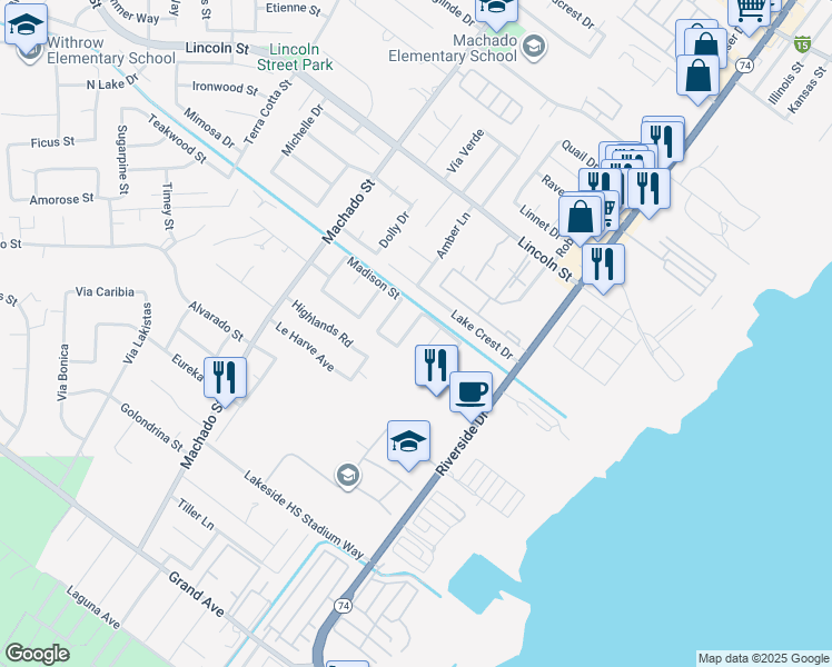 map of restaurants, bars, coffee shops, grocery stores, and more near 1114 Mckinley Street in Lake Elsinore