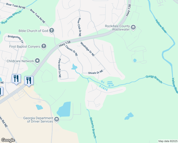 map of restaurants, bars, coffee shops, grocery stores, and more near 2330 Shoals Drive in Conyers