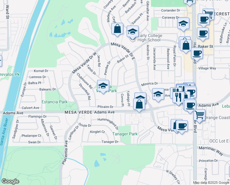 map of restaurants, bars, coffee shops, grocery stores, and more near 2871 Ellesmere Avenue in Costa Mesa