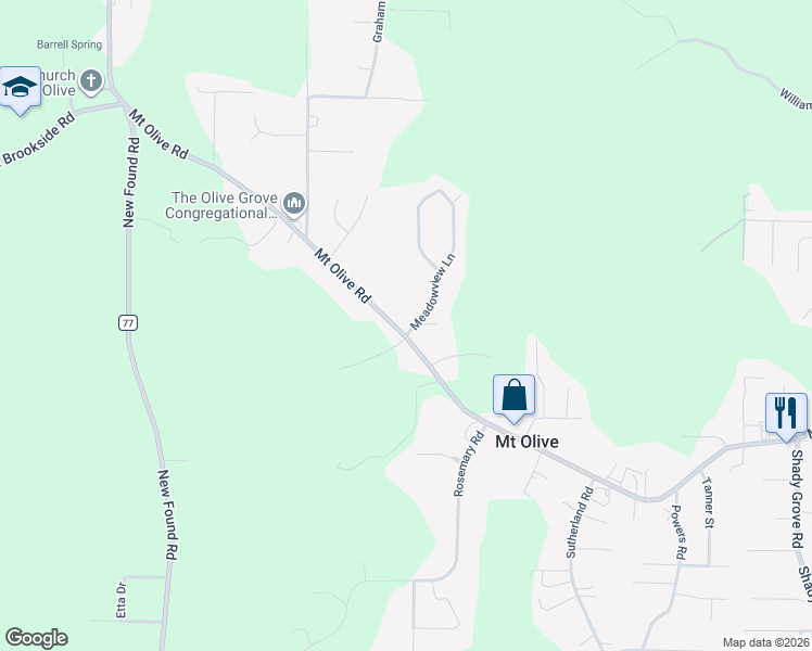 map of restaurants, bars, coffee shops, grocery stores, and more near 5720 Meadowview Lane in Mount Olive