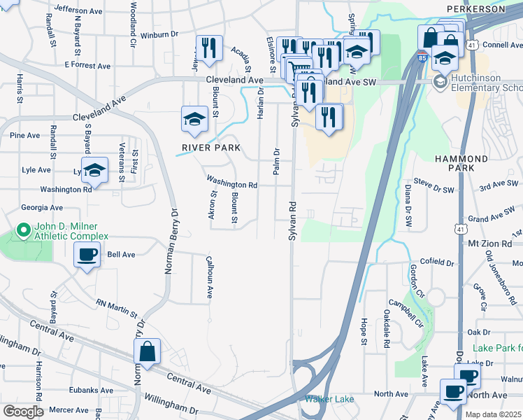 map of restaurants, bars, coffee shops, grocery stores, and more near 2940 Harlan Drive in Atlanta