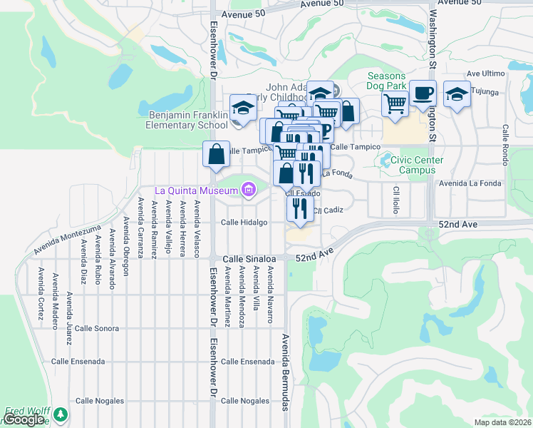 map of restaurants, bars, coffee shops, grocery stores, and more near 51431 Avenue Navarro in La Quinta