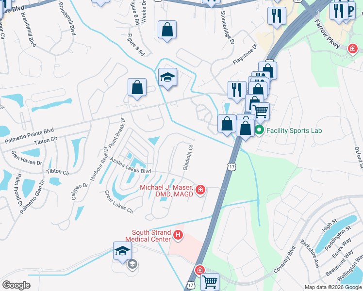 map of restaurants, bars, coffee shops, grocery stores, and more near 3983 Gladiola Court in Myrtle Beach