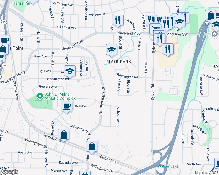 map of restaurants, bars, coffee shops, grocery stores, and more near 2840 Norman Berry Drive in East Point