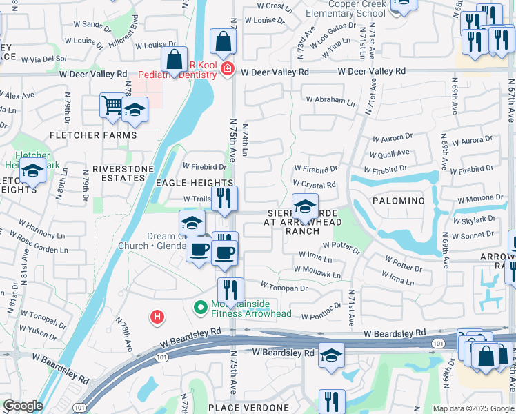 map of restaurants, bars, coffee shops, grocery stores, and more near 7450 West Trails Drive in Glendale