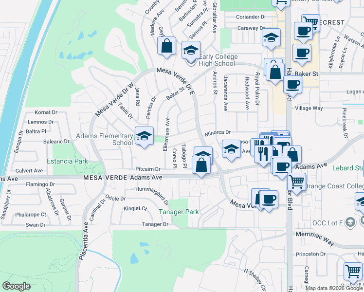 map of restaurants, bars, coffee shops, grocery stores, and more near 2869 Tabago Place in Costa Mesa