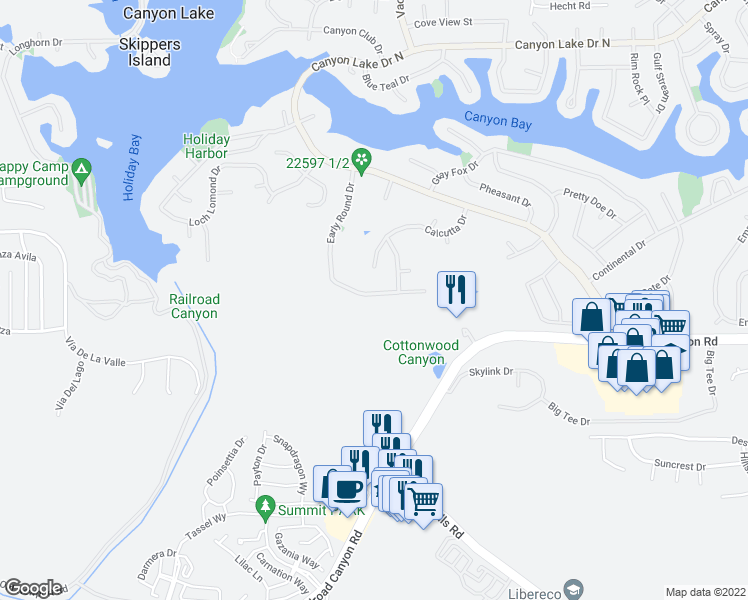 map of restaurants, bars, coffee shops, grocery stores, and more near 30741 Early Round Drive in Canyon Lake