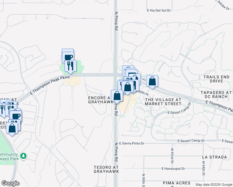 map of restaurants, bars, coffee shops, grocery stores, and more near 21361 North Pima Road in Scottsdale