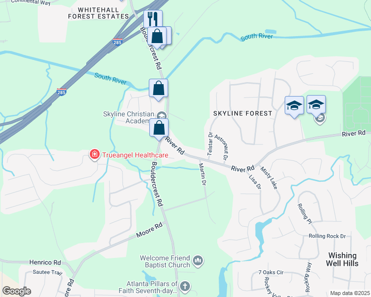 map of restaurants, bars, coffee shops, grocery stores, and more near 2046 River Road in Ellenwood