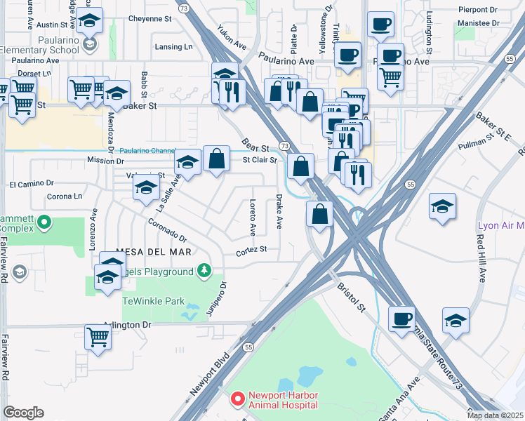 map of restaurants, bars, coffee shops, grocery stores, and more near 2817 Portola Drive in Costa Mesa