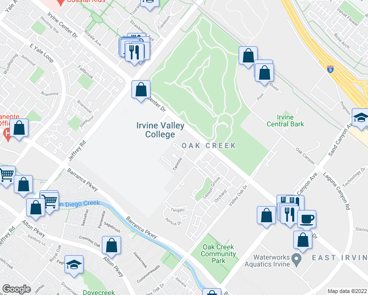 map of restaurants, bars, coffee shops, grocery stores, and more near in Irvine