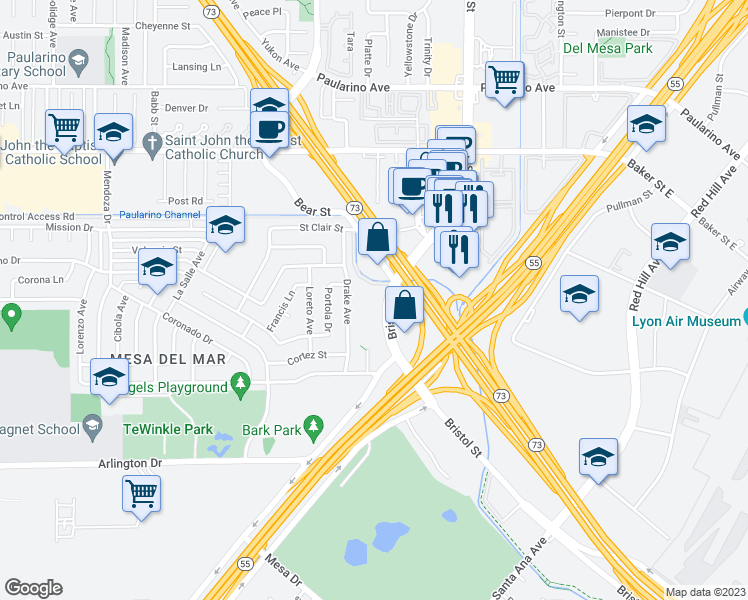 map of restaurants, bars, coffee shops, grocery stores, and more near 2801 Bristol Street in Costa Mesa
