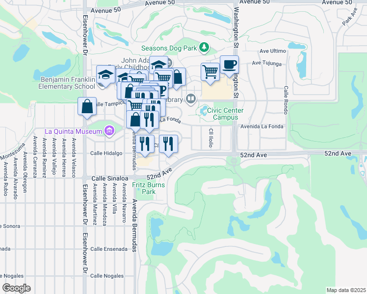 map of restaurants, bars, coffee shops, grocery stores, and more near 78225 Calle Cadiz in La Quinta