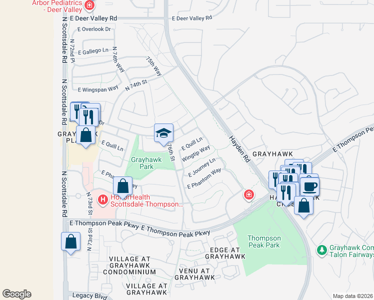 map of restaurants, bars, coffee shops, grocery stores, and more near 7673 East Quill Lane in Scottsdale