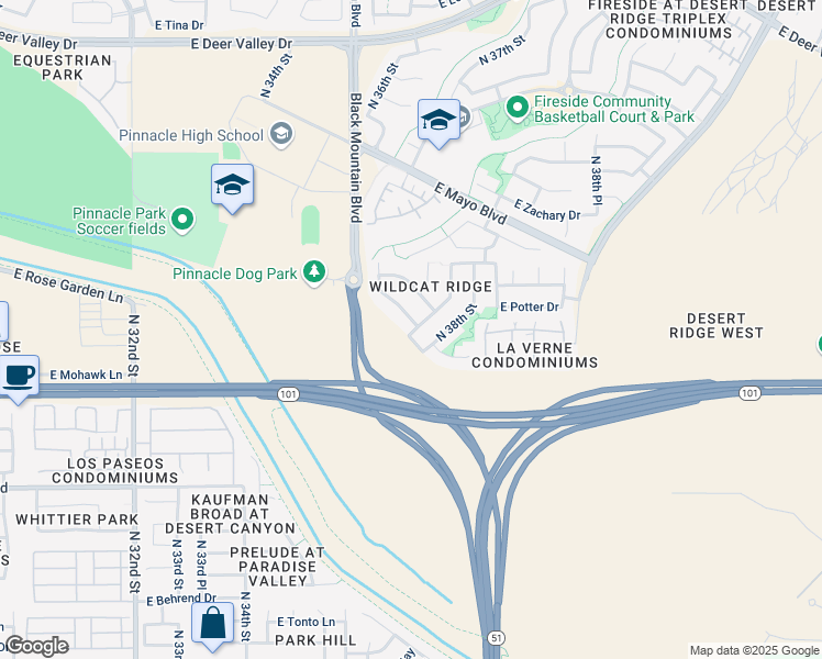 map of restaurants, bars, coffee shops, grocery stores, and more near 3701 East Potter Drive in Phoenix