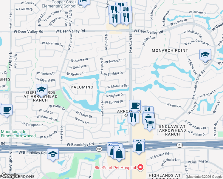 map of restaurants, bars, coffee shops, grocery stores, and more near 6817 West Monona Drive in Glendale