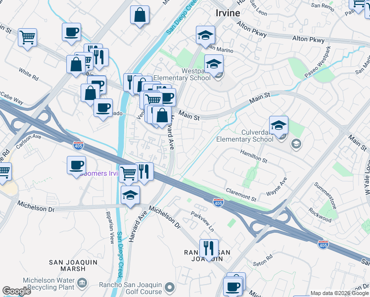 map of restaurants, bars, coffee shops, grocery stores, and more near 65 Agostino in Irvine