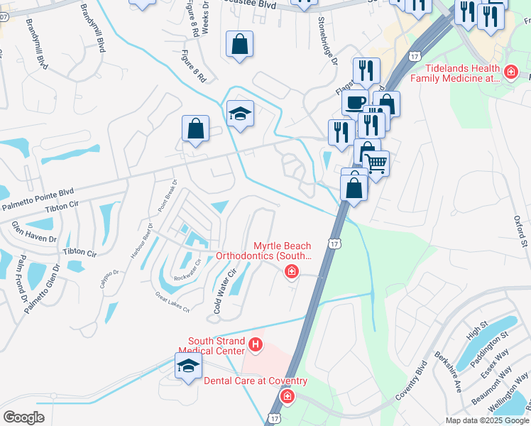 map of restaurants, bars, coffee shops, grocery stores, and more near 138 Butkus Drive in Myrtle Beach
