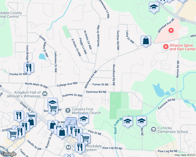 map of restaurants, bars, coffee shops, grocery stores, and more near 1043 McCalla Street Northeast in Conyers