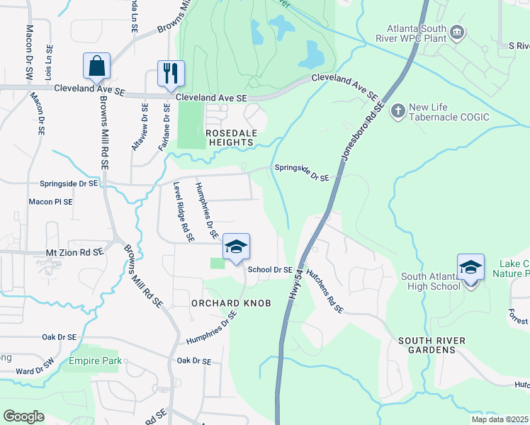 map of restaurants, bars, coffee shops, grocery stores, and more near 459 Holly Drive Southeast in Atlanta