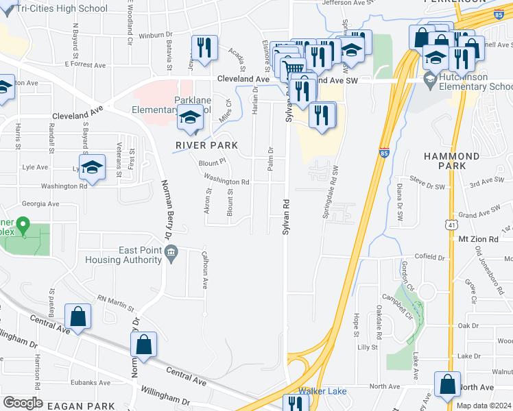 map of restaurants, bars, coffee shops, grocery stores, and more near 2931 Palm Drive in East Point