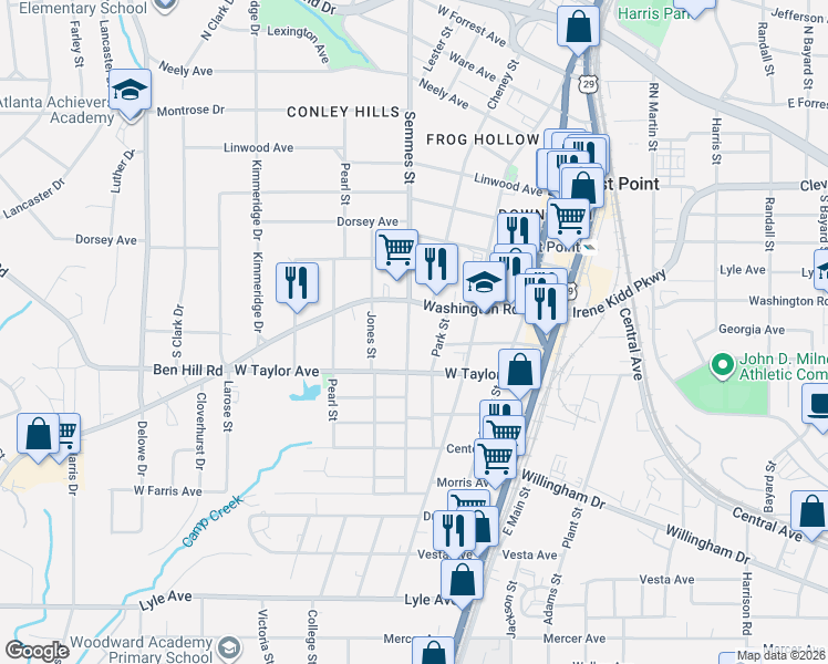 map of restaurants, bars, coffee shops, grocery stores, and more near 2940 Semmes Street in East Point