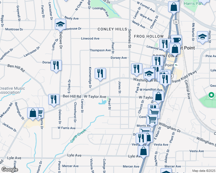 map of restaurants, bars, coffee shops, grocery stores, and more near 2954 Pearl Street in East Point