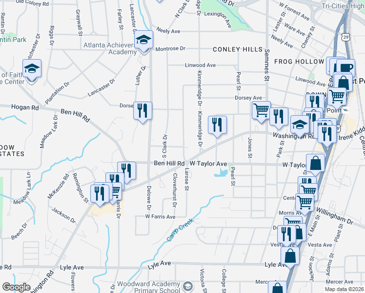 map of restaurants, bars, coffee shops, grocery stores, and more near 2950 Cloverhurst Drive in East Point