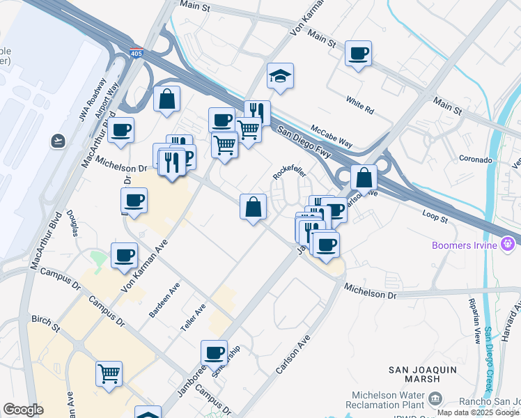map of restaurants, bars, coffee shops, grocery stores, and more near 99 Waldorf in Irvine