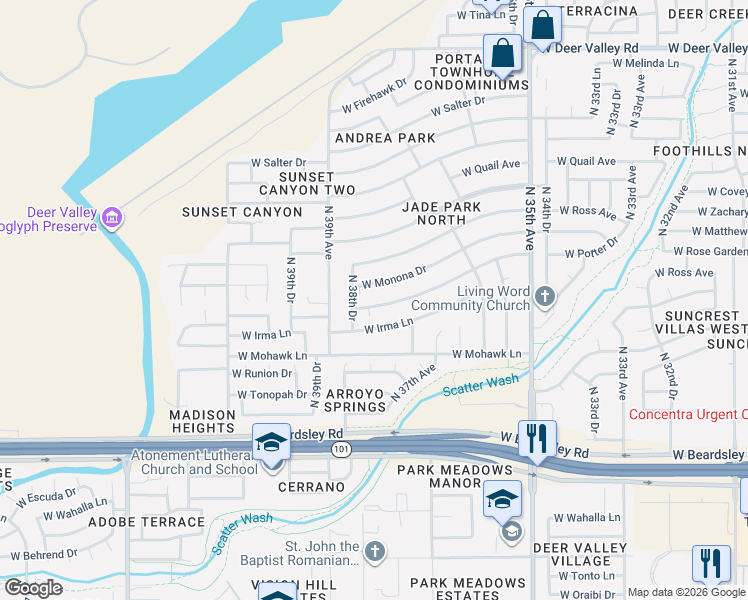 map of restaurants, bars, coffee shops, grocery stores, and more near 3802 West Potter Drive in Glendale