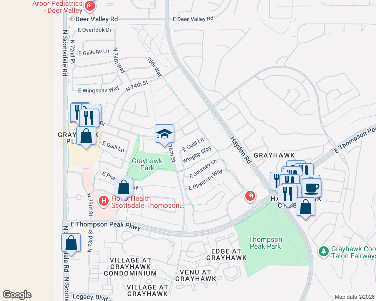 map of restaurants, bars, coffee shops, grocery stores, and more near 7673 East Quill Lane in Scottsdale