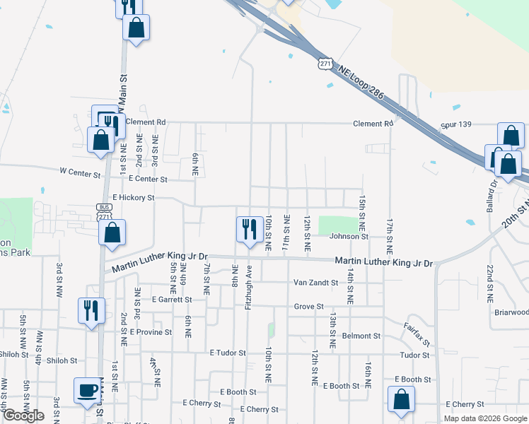 map of restaurants, bars, coffee shops, grocery stores, and more near 1030 East Hickory Street in Paris