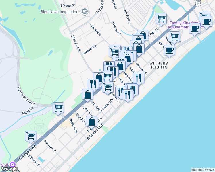 map of restaurants, bars, coffee shops, grocery stores, and more near 1611 South Kings Highway in Myrtle Beach