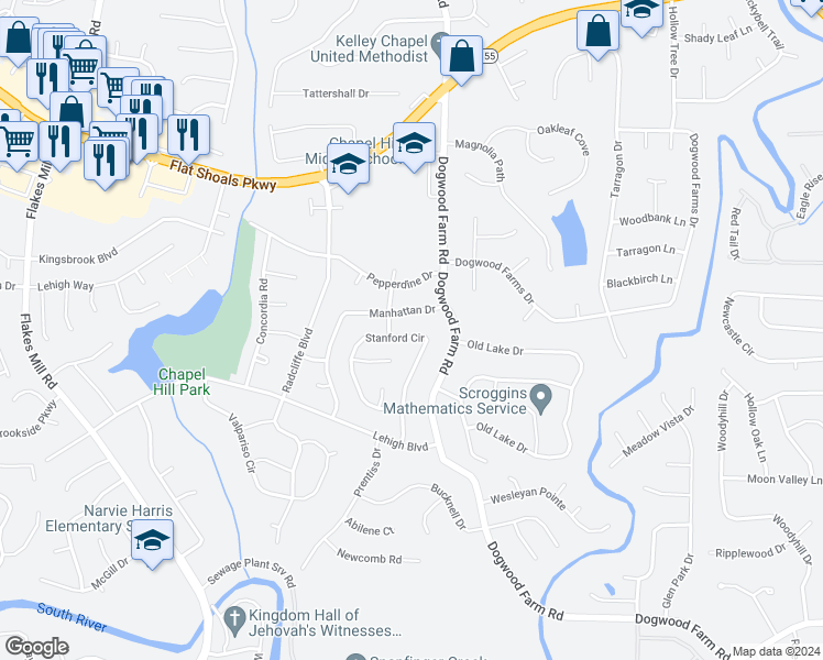 map of restaurants, bars, coffee shops, grocery stores, and more near 3654 Stanford Circle in Decatur