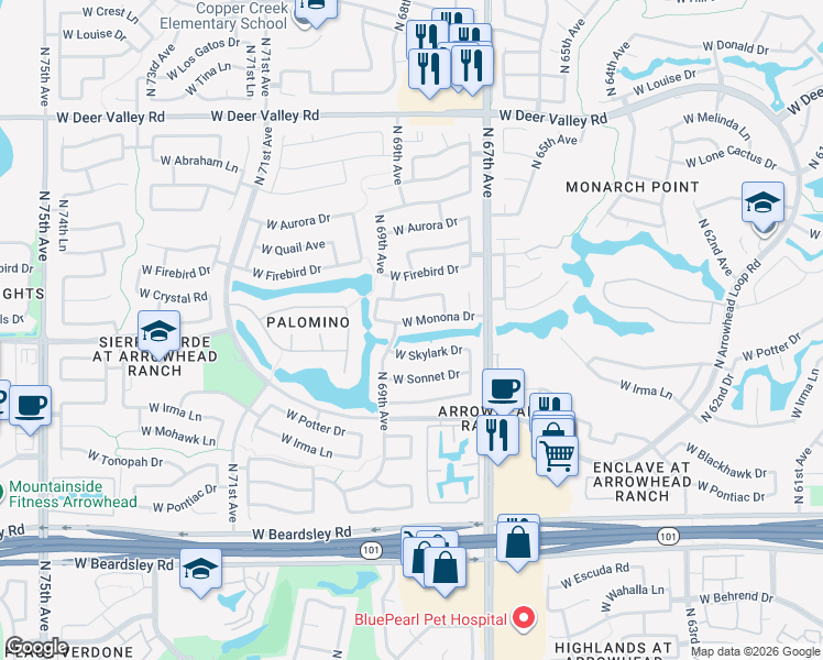map of restaurants, bars, coffee shops, grocery stores, and more near 6817 West Monona Drive in Glendale